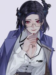 1girl asymmetrical_horns black_hair black_horns blue_hair breasts cleavage earrings fraaxvp glasses grey_background highres hololive hololive_english horns jewelry large_breasts mole mole_under_eye multicolored_hair nerissa_ravencroft nerissa_ravencroft_(casual) purple_eyes semi-rimless_eyewear shirt short_hair simple_background solo two-tone_hair under-rim_eyewear uneven_horns upper_body virtual_youtuber white_shirt