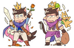 2boys animal animal_ears animal_feet animal_on_head arm_behind_head black_hair blue_shirt boots brothers brown_gloves cat cat_ears cat_on_head cat_tail crown esper_nyanko fingerless_gloves flower full_body gloves grey_pants heart heart_in_mouth holding holding_flower holding_sack holding_sword holding_weapon jewelry letter love_letter male_focus matsuno_ichimatsu matsuno_karamatsu medoroooa multiple_boys navel necklace on_head open_mouth orange_flower orange_rose osomatsu-san osomatsu_(series) pants rose sack scarf shirt siblings simple_background sword tail weapon white_background