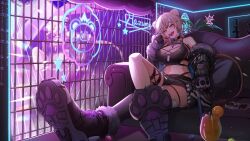 1girl absurdres bare_shoulders black_choker black_jacket black_shirt black_shorts blonde_hair breasts choker cleavage commission couch crop_top fur_trim hand_up hazumi_aileen highleg highres indie_virtual_youtuber jacket kanono large_breasts looking_at_viewer medium_hair midriff mole mole_on_breast navel off_shoulder open_mouth orange_eyes outstretched_legs panty_straps paw_shoes second-party_source shirt short_shorts shorts sitting sleeveless sleeveless_shirt smile solo stomach thigh_strap thighs vgen_commission
