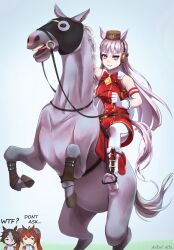 1other 3girls absurdres ahoge animal_ears antenna_hair artist_name artistic_error blunt_bangs bridle brown_hair commentary creature_and_personification daiwa_scarlet_(umamusume) english_commentary english_text gold_ship_(racehorse) gold_ship_(umamusume) grey_hair hair_intakes highres holding holding_reins horse_ears horse_girl horse_tail jacket jitome long_hair looking_at_viewer matsel_arts multicolored_hair multiple_girls personification pillbox_hat purple_eyes rearing red_jacket red_track_suit reins smile solo_focus streaked_hair tail tiara tracen_training_uniform track_jacket track_suit twintails two-tone_hair umamusume vodka_(umamusume) white_hair