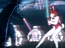 1980s_(style) 1girl animal_ears animated animated_gif battle rabbit daicon daicon_bunny_girl daicon_iv darth_vader energy_sword fake_animal_ears gainax lightsaber lowres multiple_boys oldschool outdoors playboy_bunny rabbit_ears retro_artstyle star_wars stormtrooper sword tagme weapon