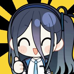 Rule 34 | 1girl, :d, ^ ^, animated, animated gif, aqua necktie, aris (blue archive), black jacket, blue archive, blue hair, blue hairband, blue jacket, blush stickers, chibi, chunye haruya, closed eyes, collared shirt, disembodied hand, dot nose, facing viewer, hair between eyes, hairband, jacket, long bangs, long hair, long hair between eyes, lowres, multicolored jacket, necktie, one side up, open clothes, open jacket, open mouth, school uniform, second-party source, shirt, simple background, smile, solo, sparkle, sunburst, sunburst background, thumbs up, transparent background, upper body, white jacket, white shirt