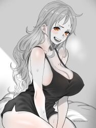 Rule 34 | 1girl, absurdres, arm between legs, artist name, bare shoulders, black camisole, blush, blush stickers, breasts, camisole, cleavage, collarbone, commentary, cowboy shot, dress, earrings, hair behind ear, harutoyumaarts, heavy breathing, highres, jewelry, large breasts, long hair, looking at viewer, monochrome, nami (one piece), no pants, one piece, open mouth, orange eyes, short dress, sidelocks, sitting, solo, spot color, stud earrings, sweat, thighs, wavy hair