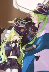 Rule 34 | 2girls, absurdres, biting another&#039;s tail, blue archive, blue hat, blue jacket, blue pants, blush, clenched teeth, closed eyes, fieryonion, gloves, green hair, hand on own cheek, hand on own face, hat, highres, hikari (blue archive), jacket, lap pillow, long hair, lying, multiple girls, navel, nozomi (blue archive), on back, pants, pantyhose, peaked cap, pointy ears, sitting, tail, teeth, twintails, white gloves, white pantyhose