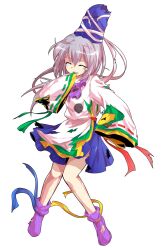 1girl alphes_(style) closed_eyes commentary_request crying dairi defeat full_body grey_hair hand_to_own_mouth hat highres large_variant_set long_hair long_sleeves mononobe_no_futo parody parted_lips ponytail purple_shoes ribbon shirt shoes skirt sleeves_past_wrists solo style_parody tachi-e tears torn_clothes touhou transparent_background variant_set wide_sleeves