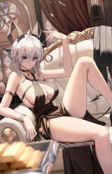1girl absurdres alternate_costume armlet armpit_crease bare_legs bare_shoulders black_choker black_dress black_eyes black_horns black_nails black_shoes black_tail bracelet breasts center_opening chain choker commentary curled_horns demon_tail dress earrings fingernails foot_out_of_frame grey_hair hair_between_eyes highres horns indoors jewelry key_earrings large_breasts legs long_fingernails long_hair looking_at_viewer multicolored_eyes multicolored_hair nail_polish pelvic_curtain pocket_watch red_eyes shoes sitting_sideways solo streaked_hair tail thighs two-tone_eyes watch wuthering_waves yuridango zani_(wuthering_waves)