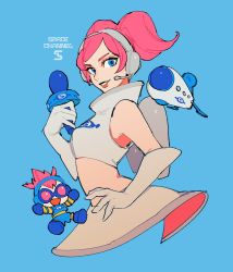 1girl blue_background blue_eyes breasts crop_top elbow_gloves from_side gloves headset highres holding holding_microphone looking_at_viewer medium_breasts microphone moov_(mb_52) parted_lips pink_hair short_hair sleeveless space_channel_5 spacecraft twintails ulala white_gloves