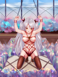 Rule 34 | 1girl, absurdres, arms up, artist request, azur lane, bad id, bad pixiv id, bdsm, black ribbon, black thighhighs, blue sky, bondage, bound, breasts, chain, chinese text, cloud, collarbone, controller, crying, cuffs, dated, day, female focus, full body, hair intakes, hair ribbon, highres, indoors, kneeling, long hair, looking away, looking to the side, medium breasts, multicolored hair, navel, nipples, open mouth, panties, prinz eugen (azur lane), puddle, pussy juice, red hair, red panties, remote control, remote control vibrator, ribbon, sex toy, shackles, shibari, shiny clothes, signature, silver hair, skindentation, sky, solo, streaked hair, tears, thighhighs, topless female, translation request, twintails, two-tone hair, underwear, underwear only, very long hair, vibrator, vibrator cord, vibrator in thighhighs, vibrator under clothes, window, yellow eyes