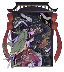 Rule 34 | 1girl, black hair, braid, character name, chinese clothes, cowboy shot, green hanfu, hand up, hanfu, highres, lantern, leaning, liang yue (reverse:1999), long hair, low twin braids, mark under eye, mask, mask on head, monster, paper lantern, qiangliang (reverse:1999), red skirt, reverse:1999, skirt, solo, soppy loser, twin braids, white background, wide sleeves, yellow eyes