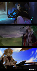 3boys alchemist_(ragnarok_online) black_cape black_capelet black_gloves blonde_hair blue_eyes blue_hair blue_sky bow brown_coat brown_shirt cape capelet closed_mouth coat commentary_request copyright_name cropped_jacket day fox_mask fur_collar gears gloves green_eyes grey_sky hair_bow hair_over_one_eye highres hunter_(ragnarok_online) indoors jacket lightning long_sleeves looking_at_viewer mask mask_on_head multiple_boys open_mouth orange_bow outdoors overcast ragnarok_online red_cape shirt short_hair short_sleeves sky smile storm tree two-sided_cape two-sided_fabric upper_body wane_(ruki) white_cape white_jacket white_shirt wizard_(ragnarok_online)