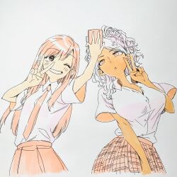 2girls arm_up blush braid breasts cellphone collared_shirt commentary_request cowboy_shot crown_braid dark-skinned_female dark_skin dress_shirt food_court_de_mata_ashita grin gyaru hand_up highres holding holding_phone ink_(medium) large_breasts limited_palette long_hair marker_(medium) medium_hair multiple_girls nariie_shin&#039;ichirou necktie no_nose official_art one_eye_closed orange_theme partially_unbuttoned pen_(medium) phone plaid_clothes plaid_skirt pleated_skirt school_uniform selfie shirt short_sleeves skirt small_breasts smartphone smile standing summer_uniform tan traditional_media v wada_(food_court) wavy_hair white_shirt yamamoto_(food_court)