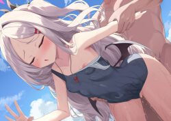 1boy 1girl blue_archive blush breasts closed_eyes fujieda_uzuki hair_ornament hetero hina_(blue_archive) hina_(swimsuit)_(blue_archive) horns long_hair low_wings nipples one-piece_swimsuit open_mouth school_swimsuit sex sex_from_behind small_breasts swimsuit whistle whistle_around_neck white_hair wings