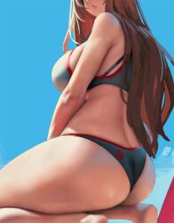 Rule 34 | 1girl, alternate costume, ass, back, barefoot, bikini, black bikini, blue background, breasts, brown hair, curvy, eu03, feet out of frame, from behind, from side, goddess of victory: nikke, head out of frame, kneeling, large breasts, lips, long hair, looking back, parted lips, rapi (nikke), sideboob, simple background, skindentation, solo, swimsuit, thick thighs, thighs