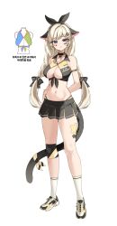 1girl absurdres animal_ears arm_strap armpit_crease arms_behind_back bandaid bare_shoulders bell black_choker black_shirt black_skirt blonde_hair blue_eyes bow braid breasts cat_ears cat_tail cheerleader choker cleavage cleavage_cutout closed_mouth clothing_cutout collared_shirt commentary_request commission crop_top front-tie_top full_body hair_bow hair_ribbon highleg highres jingle_bell knee_pads kneehighs korean_commentary korean_text large_breasts long_hair looking_at_viewer low_twintails midriff miniskirt navel original panty_straps pleated_skirt ribbon sayan second-party_source shirt shoes single_knee_pad skirt sleeveless sleeveless_shirt smile sneakers socks solo standing stomach tail thighs translation_request twin_braids twintails two-tone_shirt white_socks