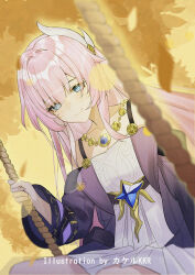 Rule 34 | 1girl, artist name, bare shoulders, blue eyes, closed mouth, coat, collarbone, cyrene (honkai: star rail), dress, hair ornament, highres, honkai: star rail, honkai (series), jewelry, looking at viewer, missing commentary, necklace, pink hair, purple coat, smile, solo, srpzk, white dress