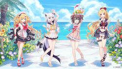 1st_generation_(hololive) 4girls :d ;p absurdres ahoge akai_haato akai_haato_(holonatsu_paradise) aki_rosenthal aki_rosenthal_(holonatsu_paradise) animal_ears aqua_eyes arm_up armpits arms_up ball beach beachball beret bikini bikini_skirt blue_eyes blue_sailor_collar blue_sky braid braided_ponytail brown_hair casual_one-piece_swimsuit cloud commentary_request company_name copyright_notice criss-cross_straps crossed_bangs cumulonimbus_cloud day double-parted_bangs dress english_text flat_chest flower fox_ears fox_girl fox_tail frilled_bikini frilled_dress frills full_body garter_straps green_eyes hair_between_eyes hair_ornament hand_up hat heart heart_hair_ornament high_ponytail highleg highleg_bikini highres holding holding_ball holding_beachball hololive holonatsu_paradise horizon long_hair looking_at_viewer low_ponytail medium_hair midriff multiple_girls natsuiro_matsuri natsuiro_matsuri_(holonatsu_paradise) navel off-shoulder_bikini off_shoulder official_alternate_costume official_alternate_hairstyle official_art one-piece_swimsuit one_eye_closed open_mouth outdoors palm_tree pentagram pink_dress ponytail pota_(bluegutty) purple_bikini purple_eyes purple_sailor_collar sailor_collar sandals scrunchie shirakami_fubuki shirakami_fubuki_(holonatsu_paradise) short_dress short_twintails side_braid sidelocks sky smile stomach sunlight sweat swept_bangs swimsuit tail teeth thigh_strap tongue tongue_out tree twintails two_side_up upper_teeth_only very_sweaty virtual_youtuber white_bikini white_hair white_hat white_one-piece_swimsuit wrist_scrunchie