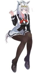 1girl absurdres ahoge animal_ears black_jacket black_pantyhose black_shoes blazer blue_eyes closed_mouth commentary dress_shirt ear_ornament full_body grey_hair ha_(hura76752775) hair_ornament hand_in_own_hair highres horse_ears horse_girl horse_tail horseshoe_ornament invisible_chair jacket kasamatsu_tracen_school_uniform loafers long_hair looking_at_viewer medium_hair miniskirt multicolored_jacket neck_ribbon oguri_cap_(umamusume) pantyhose pleated_skirt ponytail red_ribbon ribbon school_uniform shirt shoes simple_background sitting skirt smile solo tail translated two-tone_jacket umamusume umamusume:_cinderella_gray white_background white_jacket white_shirt white_skirt wing_collar