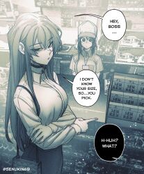 2girls absurdres bag baseball_cap black_choker black_eyes breasts cashier choker english_text greyscale hat highres indoors large_breasts long_hair looking_at_viewer monochrome multiple_girls original parted_lips pencil_skirt senukin shirt shoulder_bag skirt speech_bubble twitter_username