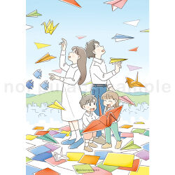 2boys 2girls :d black_hair blue_pants blue_shoes blush brown_hair brown_shoes child closed_eyes collared_shirt commentary_request day dress full_body highres long_hair long_sleeves multiple_boys multiple_girls noi_pulaco open_mouth origami original outdoors pants paper_airplane red_shorts sample_watermark shirt shoes short_hair shorts smile standing tumblr_username watermark white_dress white_shirt