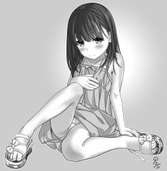 1girl aoi_kumiko bare_shoulders blush commentary_request dress flat_chest greyscale highres loli long_hair looking_at_viewer monochrome original panties pantyshot sandals sitting smile solo underwear