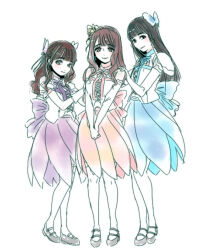 3girls 4th_live_dream_~bloom_the_dream_believers~ animification aurora_flower_(love_live!) bare_shoulders black_hair blue_ribbon blue_skirt blunt_bangs breasts brown_hair butterfly_hair_ornament closed_mouth cross-laced_clothes cross-laced_top detached_sleeves elbow_gloves full_body gloves grey_shoes hair_ornament hanamiya_nina hand_on_another&#039;s_shoulder large_breasts link!_like!_love_live! long_hair looking_at_viewer love_live! multiple_girls neck_ribbon official_alternate_costume pink_ribbon pink_skirt puffy_short_sleeves puffy_sleeves purple_ribbon purple_skirt real_life ribbon sasaki_kotoko shinanoya_(satanicad) shirt shoes short_sleeves simple_background skirt sleeveless sleeveless_shirt smile thighhighs tsukine_kona voice_actor white_background white_gloves white_shirt white_thighhighs