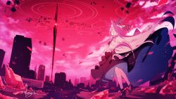 1girl animal_ear_fluff animal_ears apocalypse arm_behind_back black_dress black_footwear black_gloves black_halo blue_archive broken_halo building cityscape cloud commentary cross cross_hair_ornament debris dress english_commentary extra_ears facing_away from_behind gloves grey_hair hair_ornament halo high_heels highres inverted_cross kasuga_haruhi long_hair long_sleeves red_sky rubble shiroko_(blue_archive) shiroko_terror_(blue_archive) signature sky solo standing very_long_hair wolf_ears wolf_girl