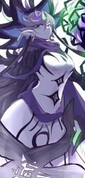1girl absurdres breasts character_request colored_skin cowboy_shot dress duel_monster green_eyes green_hair grey_hair heterochromia highres kanzakietc large_breasts multicolored_hair purple_eyes purple_hair short_hair solo white_dress white_skin yu-gi-oh!
