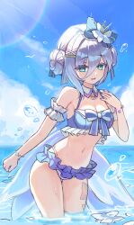 1girl arm_garter bare_shoulders bikini black_survival blue_bikini blue_eyes bow breasts bright_pupils cleavage commentary_request commission day detached_collar double_bun eternal_return:_black_survival frilled_bikini frills hair_between_eyes hair_bow hair_bun halterneck hand_up highres korean_commentary lens_flare looking_at_viewer navel official_alternate_costume open_mouth outdoors q_cupid_p3 short_hair small_breasts smile solo standing stomach string_bikini swimsuit thighs vanya_(black_survival) vanya_(summer_dream)_(black_survival) wading water wet white_hair wings