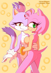 2girls amy_rose animal_ears arm_around_waist artist_name ass asymmetrical_docking between_legs blaze_the_cat bracelet breast_press breasts cat_ears cat_tail collarbone colored_skin female_focus forehead_jewel furry furry_female gloves green_eyes half-closed_eyes hand_on_another&#039;s_hip highres hug jewelry looking_at_viewer looking_back medium_breasts multicolored_skin multiple_girls nude patreon_username simple_background smile sonic_(series) standing tail teeth twitter_username two-tone_background two-tone_skin watermark white_gloves whygena yellow_background yellow_eyes yuri