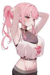 1girl absurdres armpits arms_up crop_top fishnet_top fishnets gold_necklace highres hololive hololive_english jewelry long_hair midriff mori_calliope mori_calliope_(streetwear) necklace official_alternate_costume open_mouth pants pink_eyes pink_hair ponytail simple_background skull_and_crossbones skull_print solo sweat virtual_youtuber white_background yufu