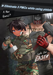 1boy 1girl absurdres belt_pouch commentary english_commentary english_text escape_from_tarkov faceless faceless_male gauze gauze_on_cheek gloves gun hammer handgun highres hitch_(perotoss) holding holding_gun holding_hammer holding_weapon military_uniform original paid_reward_available pouch purple_eyes sergeant_joo sledgehammer smirk spoken_star star_(symbol) tagilla_(escape_from_tarkov) tomboy tsurime v-shaped_eyebrows weapon welding_mask