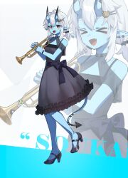 1girl absurdres alternate_costume black_dress black_shoes blue_skin brown_eyes colored_skin dress earrings fang full_body hair_between_eyes high_heels highres horns inapple jewelry long_hair looking_at_viewer mary_janes oni open_mouth pointy_ears shirt shoes sidelocks smile solo soukaku_(zenless_zone_zero) standing tail white_shirt zenless_zone_zero zoom_layer