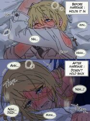 1boy 1girl before_and_after blonde_hair blue_eyes cross dizzy_(guilty_gear) femdom guilty_gear guilty_gear_xrd highres ky_gwangin ky_kiske lying moaning shirt white_shirt