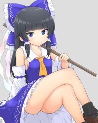1girl alternate_color ascot black_hair black_socks blue_bow blue_eyes blue_skirt bobby_socks bow breasts cleavage closed_mouth commentary crossed_legs detached_sleeves frilled_bow frilled_hair_tubes frills gohei hair_bow hair_tubes hakurei_reimu highres holding holding_gohei large_variant_set long_hair looking_at_viewer minatsuki_9 player_2 ribbon-trimmed_sleeves ribbon_trim shoes sideboob sitting skirt skirt_set socks solo thighs touhou variant_set
