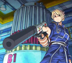 1girl absurdres blonde_hair blue_coat blue_pants brown_eyes cherenkov_radiation closed_mouth coat commentary commission counter-strike_(series) counter-strike_2 cowboy_shot english_commentary fullmetal_alchemist gun h&amp;k_usp hair_bun handgun highres hugo_(rushbordie) in-universe_location indoors looking_at_viewer military_uniform pants railing riza_hawkeye short_hair silo single_hair_bun solo suppressor weapon