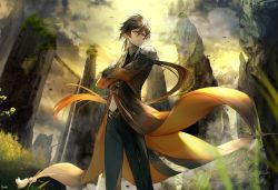 1boy bird black_hair black_jacket border0715 cloud commentary_request crossed_arms feet_out_of_frame formal_clothes frown genshin_impact gradient_hair grass highres jacket long_hair long_jacket looking_at_viewer male_focus monument multicolored_hair open_clothes open_jacket orange_eyes orange_hair orange_sky ponytail shirt sky solo suit two-tone_hair very_long_hair white_shirt zhongli_(genshin_impact)