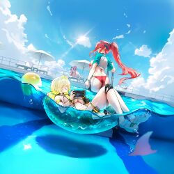 3girls :p ahoge aqua_hairband ass asymmetrical_pasties ball beach_umbrella beachball bikini blonde_hair blurry breasts choker cleavage climbing_ladder clothes_lift clothing_cutout cloud crocs day depth_of_field dorothy_(serendipity)_(nikke) elegg_(boom_and_shock)_(nikke) flower-shaped_hair game_cg game_controller_nipples_(meme) game_controller_print goddess_of_victory:_nikke hair_intakes hair_over_eyes hairband handheld_game_console highres huge_breasts large_breasts lens_flare long_hair meme multiple_girls navel non-web_source official_alternate_costume official_alternate_design official_art one-piece_swimsuit partially_underwater_shot pink_hair ponytail pool_ladder rapi_(red_hood)_(red_flavor)_(nikke) red_bikini red_eyes red_hair see-through_slingshot_swimsuit shirt shirt_lift short_hair sidelocks skindentation slingshot_swimsuit smile spoilers swimsuit thighs tongue tongue_out umbrella wet yellow_one-piece_swimsuit yellow_slingshot_swimsuit yellow_swimsuit