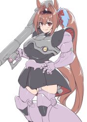 Rule 34 | 1girl, alternate hairstyle, animal ears, armor, brown eyes, brown hair, cosplay, daiwa scarlet (umamusume), dom (mobile suit), dom (mobile suit) (cosplay), fang, feet out of frame, gundam, hair intakes, highres, horse ears, horse girl, horse tail, mecha musume, mobile suit gundam, pataneet, ponytail, rocket launcher, rpg (weapon), simple background, skin fang, solo, tail, umamusume, weapon, white background
