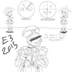 Rule 34 | 2015, 3girls, bar censor, blanc (neptunia), censored, drawfag, e3, electronic entertainment expo, game console, multiple girls, neptune (series), non-web source, open mouth, parody, ram (neptunia), rom (neptunia), siblings, sisters, standing, tagme, twins, wii u