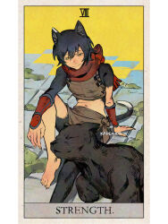 1girl affectionate animal_ears arm_on_knee armor artist_name barefoot black_cat black_hair bracer brown_loincloth card_(medium) cat cat_ears cat_girl cat_tail closed_mouth dungeon_meshi fingernails foot_out_of_frame hair_between_eyes hand_on_ground izutsumi kadeart leather_armor looking_at_another mold on_floor red_scarf scarf sharp_fingernails short_hair sitting slit_pupils smile strength_(tarot) tail tarot tarot_(medium) tile_floor tiles white_background yellow_eyes