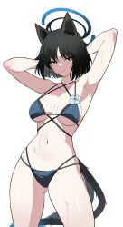 1girl absurdres animal_ear_fluff animal_ears armpits arms_behind_head arms_up bikini black_bikini black_eyes black_hair black_tail blue_archive breasts bright_pupils cat_ears cat_girl cat_tail closed_mouth commentary_request criss-cross_halter halterneck highres kikyou_(blue_archive) kikyou_(swimsuit)_(blue_archive) layered_bikini looking_to_the_side medium_breasts multiple_tails navel official_alternate_costume reia_76 short_hair simple_background solo swimsuit tail thighs two_tails wet wet_hair white_background white_pupils
