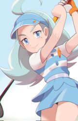 1girl ahoge blue_eyes blue_hair blue_hat blue_skirt breasts collared_shirt flipped_hair golf_club hat highres holding holding_golf_club kahili_(pokemon) long_hair mole mole_under_eye nakikot_t nintendo pencil_skirt pokemon pokemon_sm shirt short_sleeves skirt small_breasts solo striped_clothes striped_shirt visor_cap