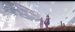 1girl absurdres amiya_(arknights) animal_ears arknights ascot black_ascot black_coat black_jacket black_pantyhose black_skirt blue_eyes brown_hair coat doctor_(arknights) fashi_laizi_weilai field flower flower_field hair_between_eyes highres hood hood_up hooded_coat jacket long_hair long_sleeves looking_at_viewer open_clothes open_jacket outdoors pantyhose rabbit_ears rabbit_girl scenery shirt skirt white_shirt wide_shot