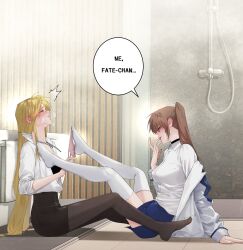 Rule 34 | 2girls, absurdres, assertive female, black bra, black skirt, blonde hair, blue skirt, blush, bra, brown hair, collared shirt, commentary, fate testarossa, finger to own chin, highres, kaichan2536, long hair, lyrical nanoha, mahou shoujo lyrical nanoha strikers, mahou shoujo lyrical nanoha vivid, multiple girls, naughty face, panties, panties around leg, pantyhose, pink panties, shirt, shower head, skirt, speech bubble, takamachi nanoha, thighhighs, tsab air military uniform, tsab executive military uniform, underwear, very long hair, white shirt, white thighhighs, yuri, zettai ryouiki