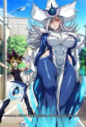 Rule 34 | 1boy, 1girl, black choker, black shirt, blonde hair, blue dress, blue pants, breasts, choker, clothing cutout, dress, duel disk, duel monster, gloves, grey hair, hair between eyes, hat, highres, hip vent, holding, holding staff, jamjamstyle, lamppost, large breasts, long hair, multicolored hair, muto yugi, panties, pants, parted lips, purple eyes, shirt, silent magician, smirk, staff, tabard, underwear, white gloves, white hat, white tabard, wizard hat, yu-gi-oh!