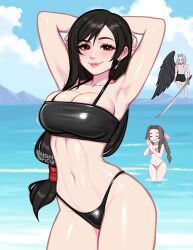 1boy 2girls aerith_gainsborough armpits artist_name bikini black_bikini blush blushyspicy braid breasts brown_eyes brown_hair day earrings final_fantasy final_fantasy_vii flying grey_hair highres hill holding holding_sword holding_weapon jewelry large_breasts long_hair multiple_girls navel ocean outdoors pink_bikini sephiroth shiny_skin skindentation smile smug stomach swimsuit sword tifa_lockhart water weapon wings