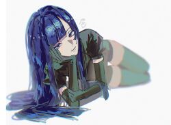 1other arm_support black_gloves black_jacket black_shorts black_thighhighs blue_eyes blue_hair blurry depth_of_field elbow_gloves gem_uniform_(houseki_no_kuni) gloves haino_0920 hand_on_own_chin highres houseki_no_kuni jacket lapis_lazuli_(houseki_no_kuni) long_hair looking_at_viewer lying on_side other_focus puffy_short_sleeves puffy_sleeves short_sleeves shorts solo thighhighs