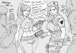 Rule 34 | 2girls, 4boys, bad id, bb (baalbuddy), beard, belt, beret, breasts, capcom, claire redfield, cleavage, cropped shirt, crossover, english text, facial hair, fingerless gloves, gloves, grey background, greyscale, gun, handgun, hat, heart, highres, holding, holding gun, holding weapon, imminent rape, inactive account, jill valentine, medium breasts, midriff, monochrome, multiple boys, multiple girls, navel, otaku, pants, parted lips, pistol, ponytail, resident evil, resident evil 2, resident evil 2 (remake), resident evil 3: nemesis, romaji text, short sleeves, simple background, submachine gun, sweatdrop, weapon, you gonna get raped