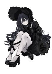 1girl akai_ringo_(eveyuno) black_dress black_hairband black_headdress black_ribbon dress grey_eyes hairband highres neck_ribbon original ribbon sitting solo white_background
