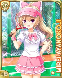 Rule 34 | 1girl, ayanokoji mirei, ball, blonde hair, blouse, bow, card, character name, curly hair, drill hair, female focus, girlfriend (kari), hair ornament, holding, long hair, official art, open mouth, ouju, outdoors, pink bow, pink skirt, purple eyes, qp:flapper, racket, ringlets, shirt, shoes, skirt, smile, solo, sportswear, standing, tagme, tennis ball, tennis court, tennis racket, tennis uniform, very long hair, white legwear, white shirt